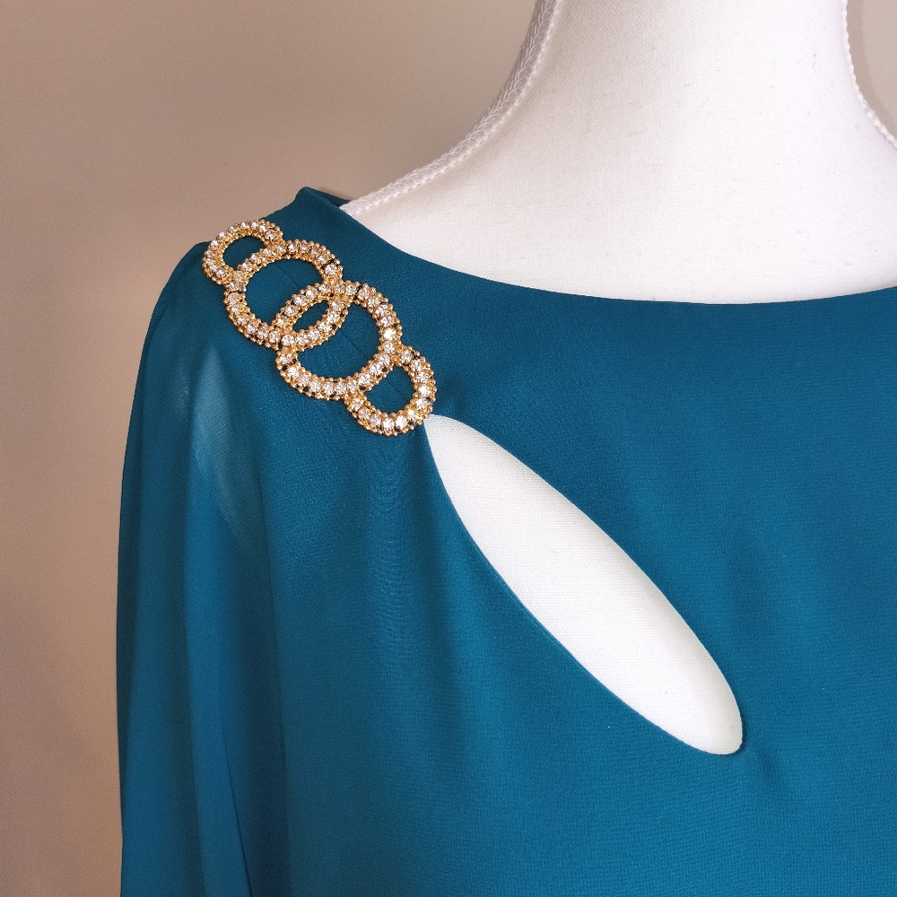 X By Xscape Teal Chiffon Popover Dress Rhinestone Trim Keyhole Size 12 Chiffon - Picture 6 of 7
